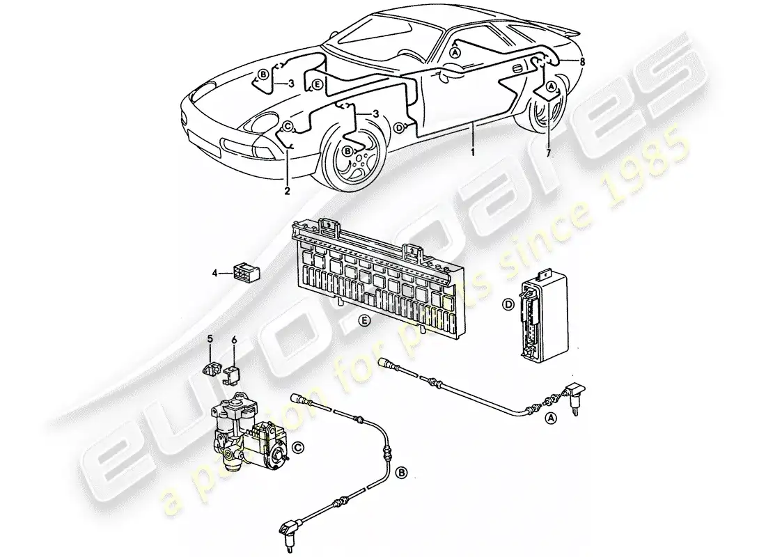 porsche 1992 (928) mazo de cables - sistema de freno antibloqueo -abdominales- diagrama de piezas