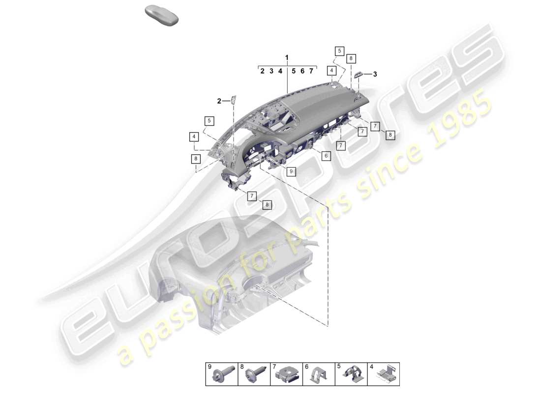 porsche 2024 (panamera 976) tablero parte superior con: sujetadores diagrama de piezas