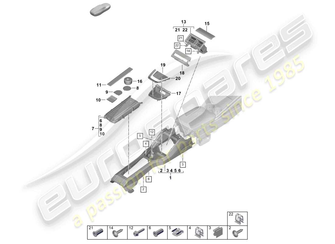 porsche 2024 (panamera 976) diagrama de piezas de la consola central trasera