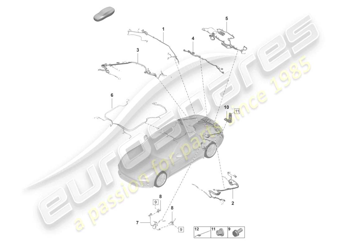 porsche 2022 (panamera 971-2) mazos de cables, parachoques, moldura de techo trasera, tapa trasera, sistema de frenos antibloqueo -abs-, indicador de desgaste de pastillas de freno, estribo del eje trasero, diagrama de piezas