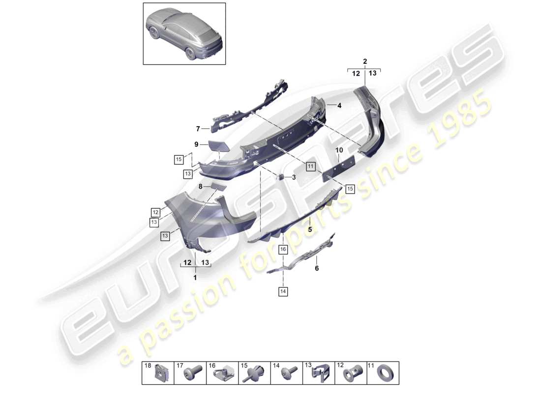 porsche 2022 (cayenne e3 9ya/9yb) diagrama de piezas del parachoques trasero del coupé turbo gt
