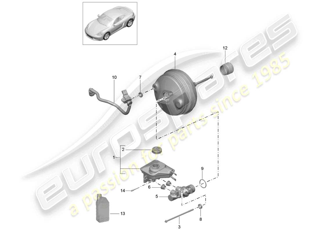 porsche 2022 (718 cayman) diagrama de piezas del servofreno y del cilindro maestro del freno
