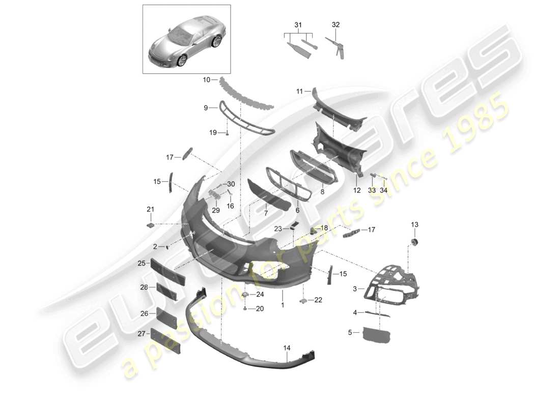 porsche 2021 (991-2 r/gt3/rs) diagrama de piezas del alerón delantero del parachoques