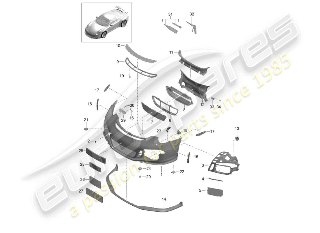 porsche 2021 (991-2 r/gt3/rs) alerón delantero del parachoques d >>- diagrama de piezas mj 2017