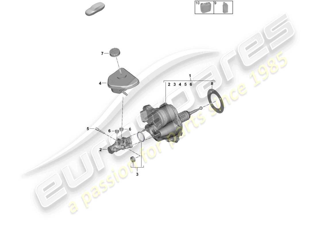 porsche 2025 (panamera 976) diagrama de piezas del servofreno con cilindro maestro de freno y depósito de líquido de freno