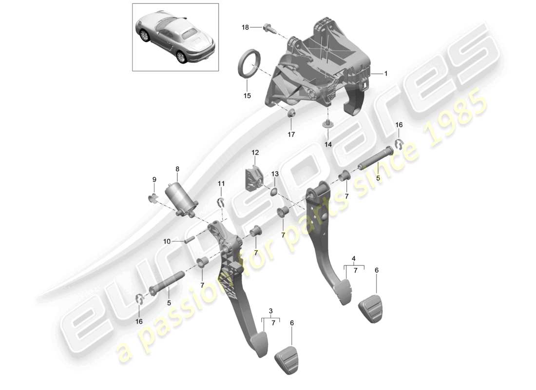 porsche 2024 (718 boxster) diagrama de piezas del conjunto de pedales de freno y embrague