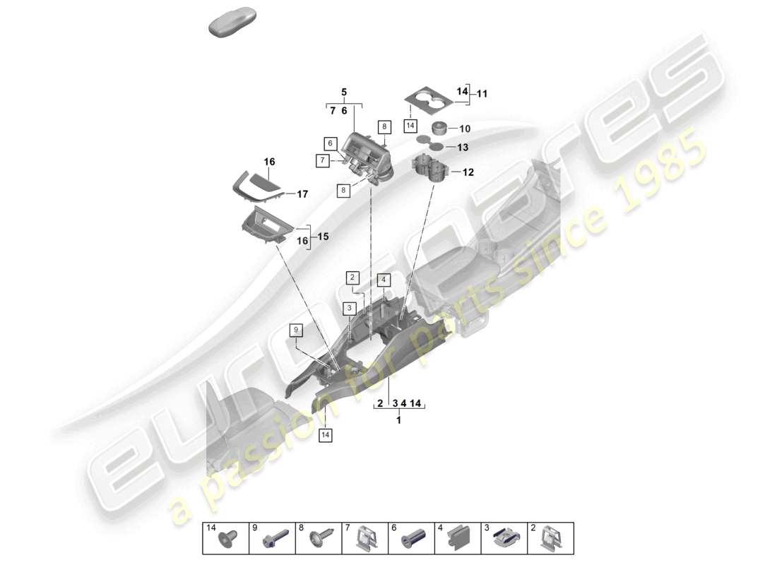 porsche 2026 (panamera 976) diagrama de piezas comerciales de la consola central trasera