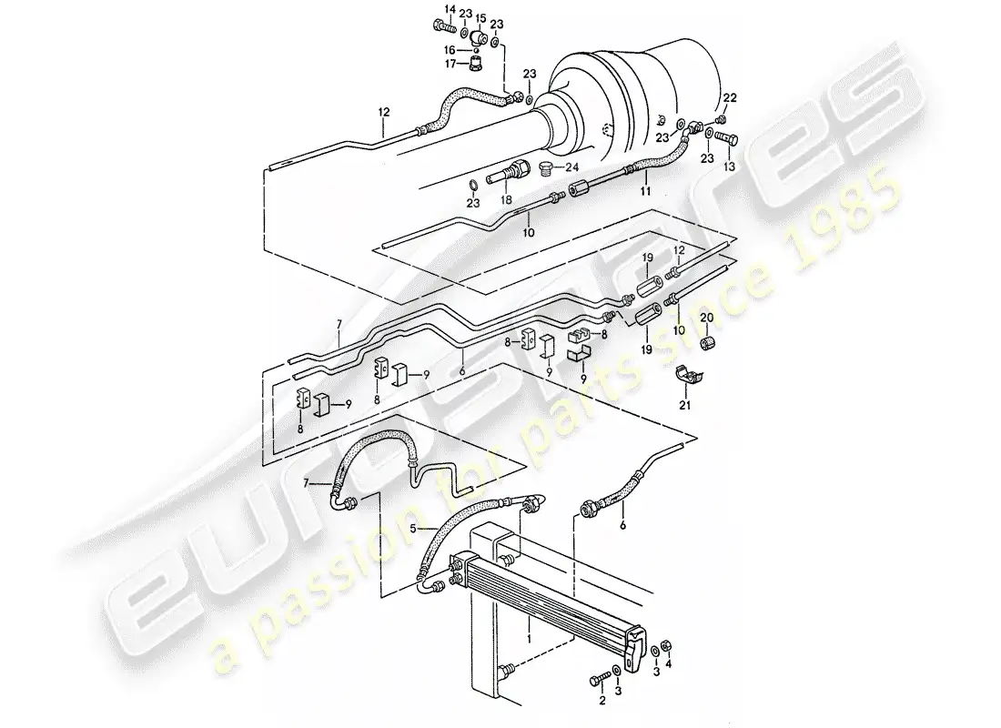 porsche 1991 (928) transmisión automática - enfriador atf - líneas atf diagrama de piezas