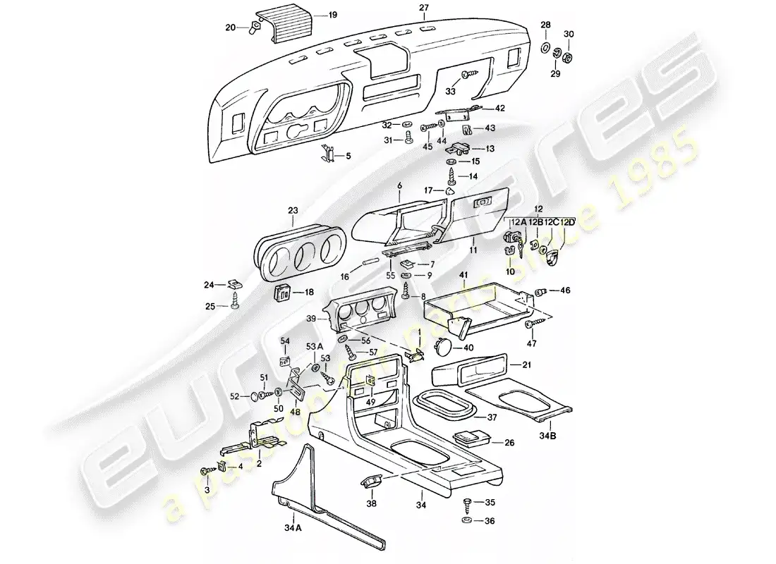 porsche 1982 (924) tablero - consola central diagrama de piezas