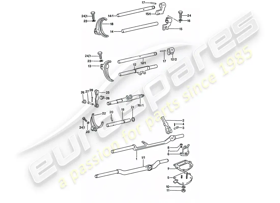 porsche 1975 (911) varillas de cambio - horquillas de cambio diagrama de piezas