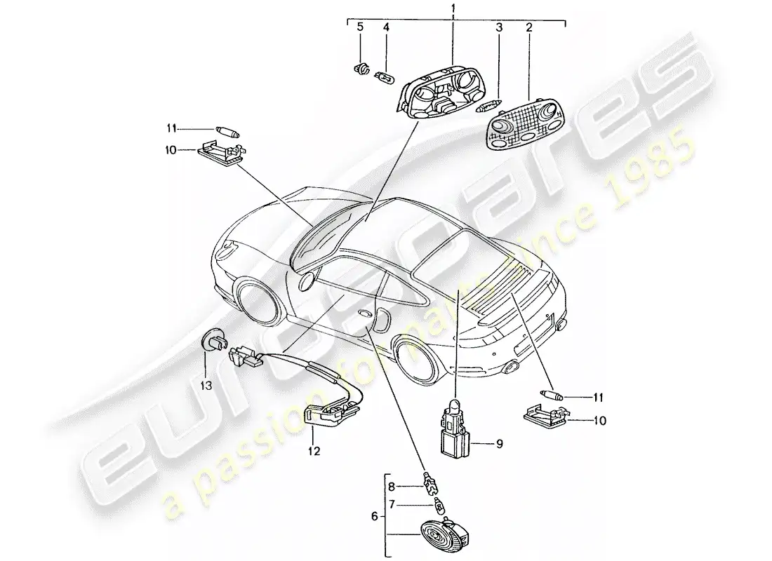 porsche 2004 (996 turbo / gt2) luz interior - luz del maletero - luz del compartimiento del motor - luz del espacio para los pies - luz de la guantera - iluminación de la manija de la puerta - apertura interior esquema de piezas