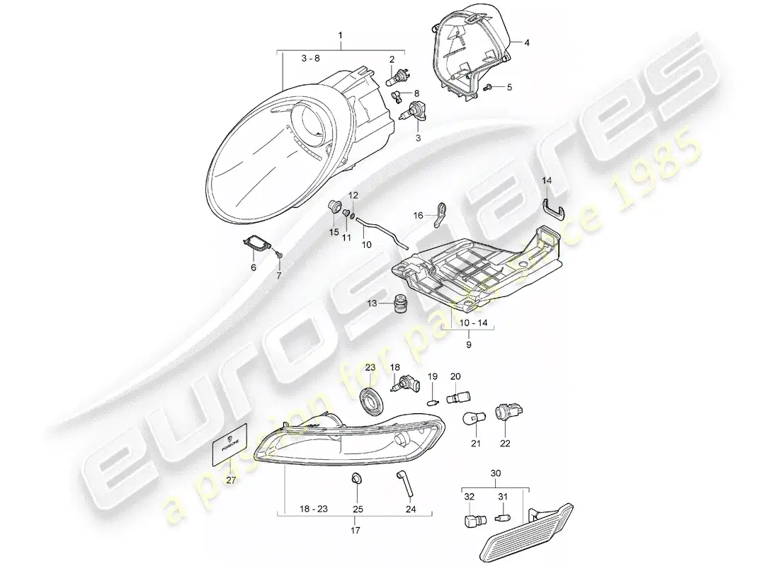 porsche 2008 (997-1) lámpara de cabeza diagrama de piezas