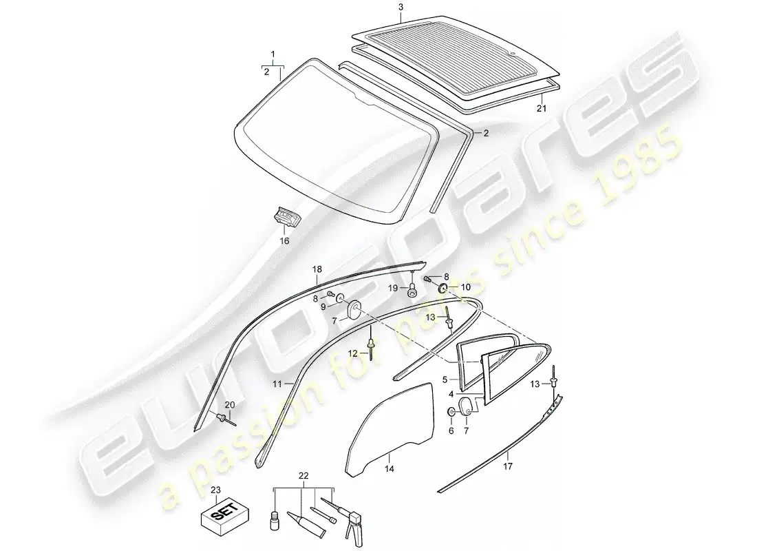 porsche 2008 (997-1) acristalamiento de ventanas diagrama de piezas