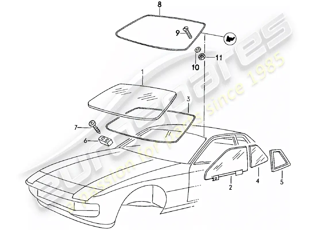 porsche 1982 (924) acristalamiento de ventanas diagrama de piezas