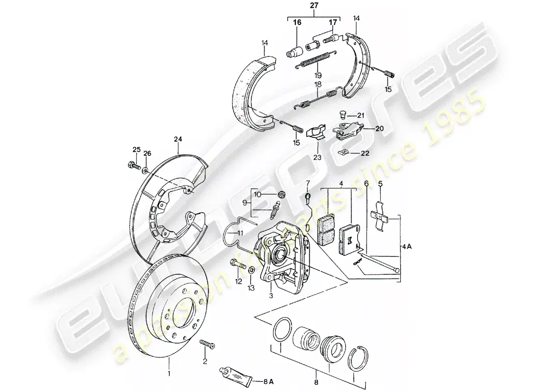 porsche 1986 (924s) frenos de disco - eje trasero diagrama de piezas