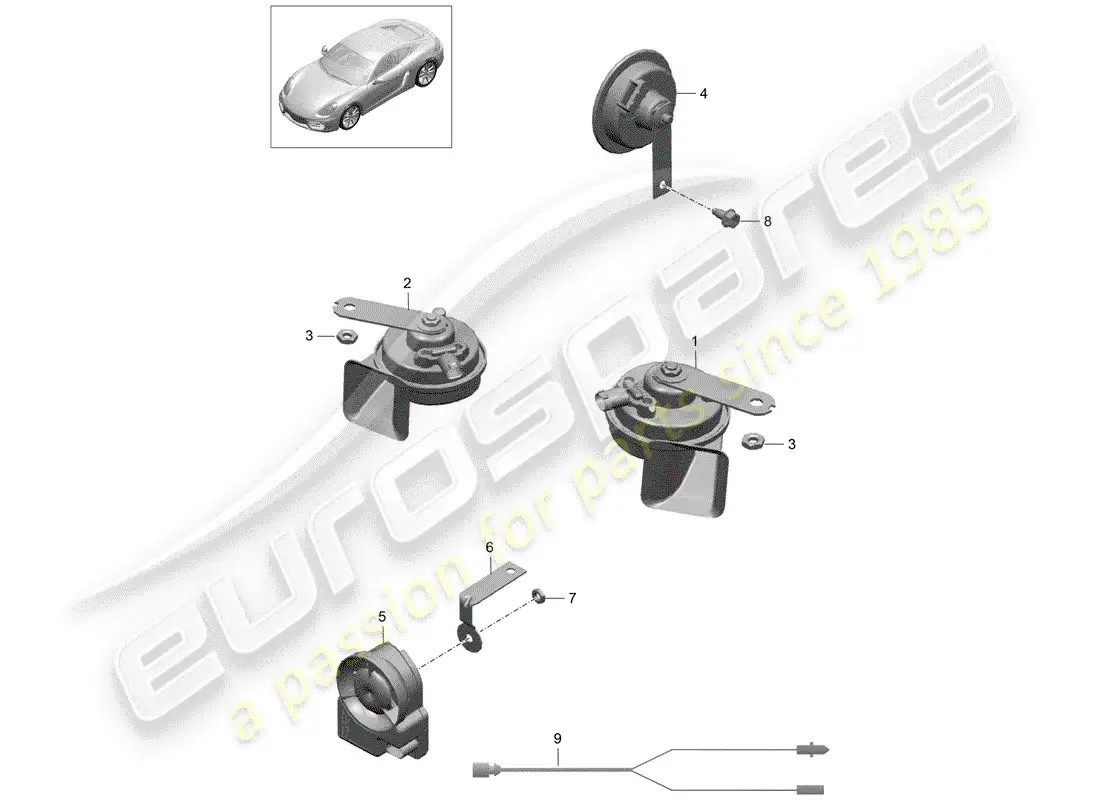 porsche 2016 (981 cayman) cuerno de fanfarria diagrama de piezas