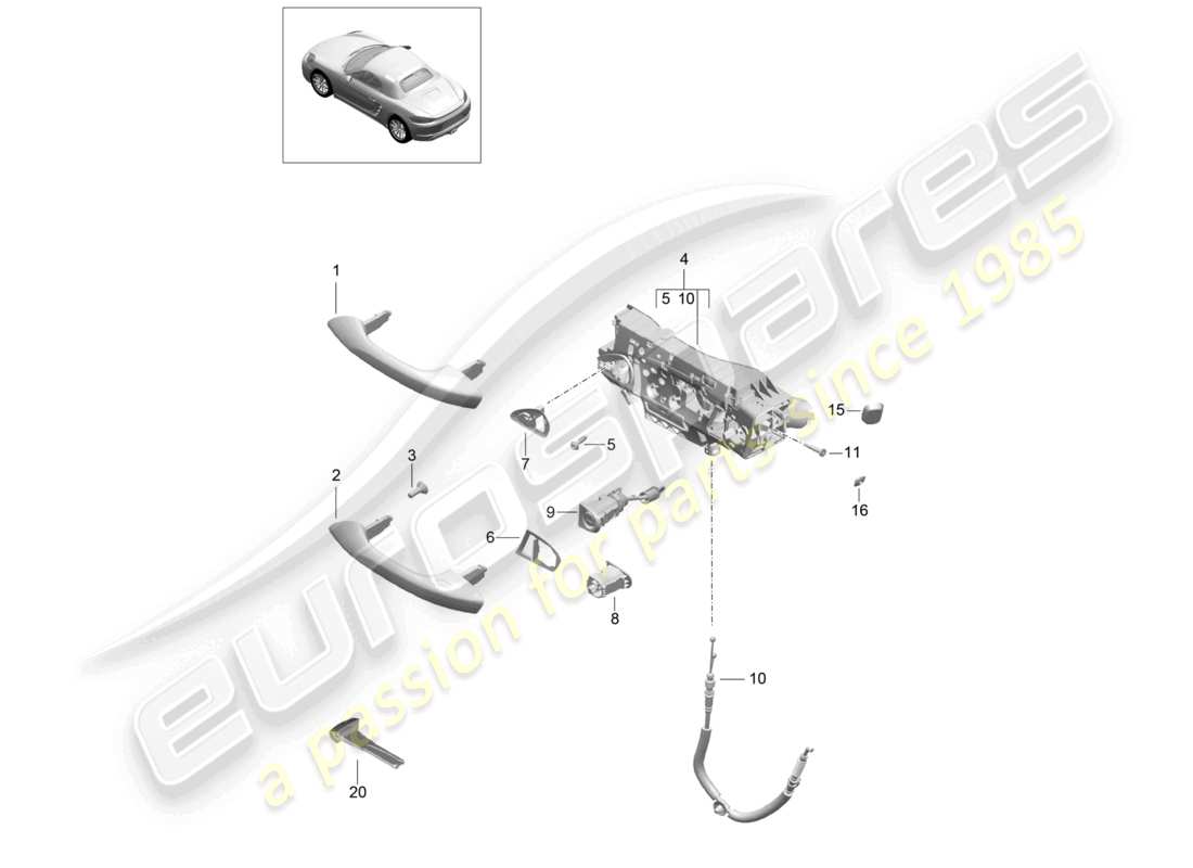 porsche 2021 (718 boxster) diagrama de piezas de la manija de la puerta exterior
