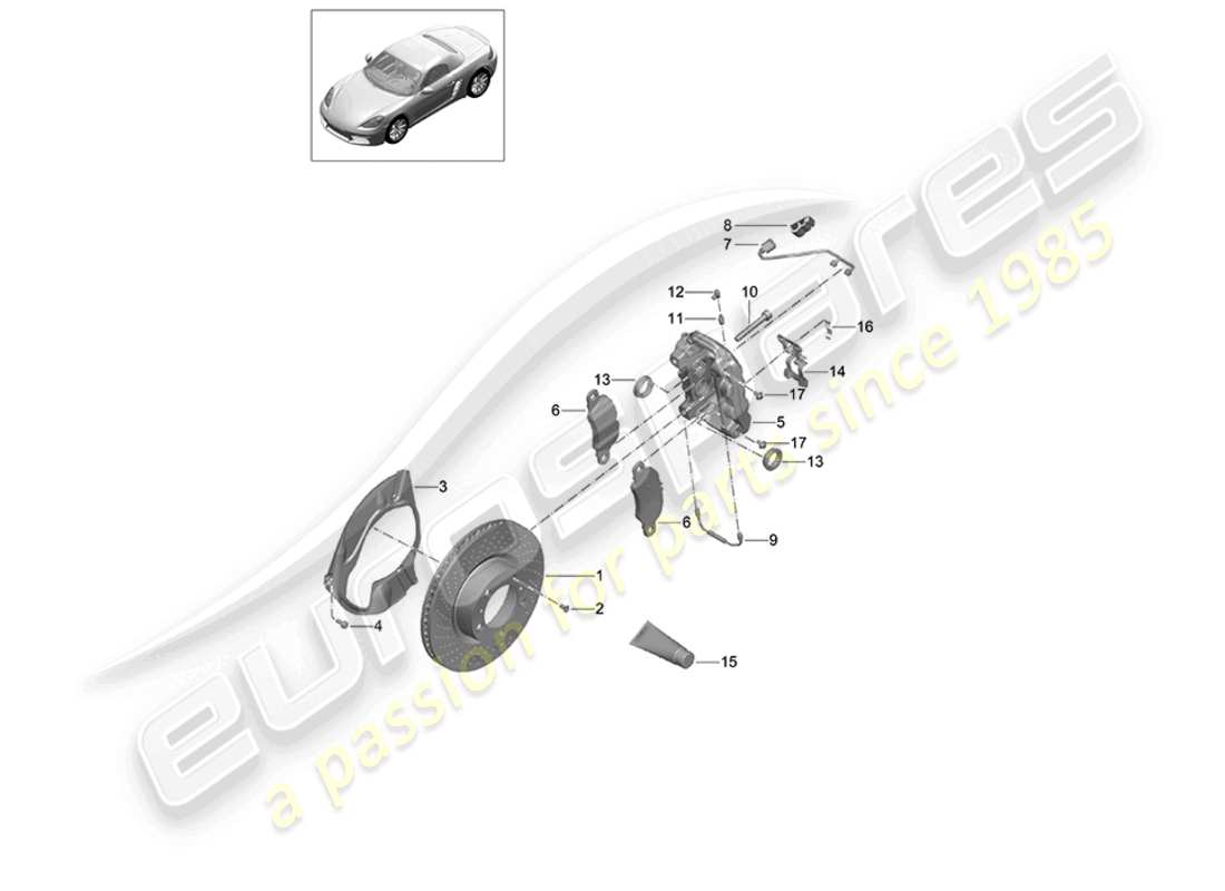 porsche 2021 (718 boxster) diagrama de piezas del eje delantero del freno de disco
