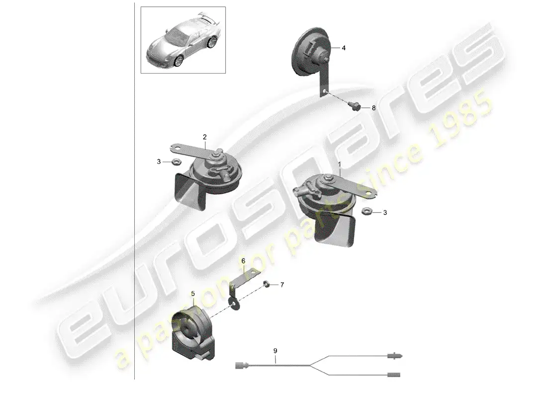 porsche 2016 (991-1 r/gt3/rs) cuerno de fanfarria diagrama de piezas