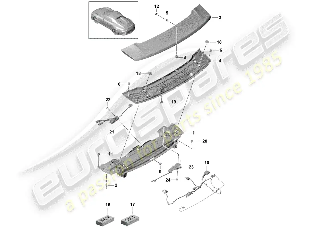 porsche 2016 (991-1 r/gt3/rs) alerón trasero diagrama de piezas