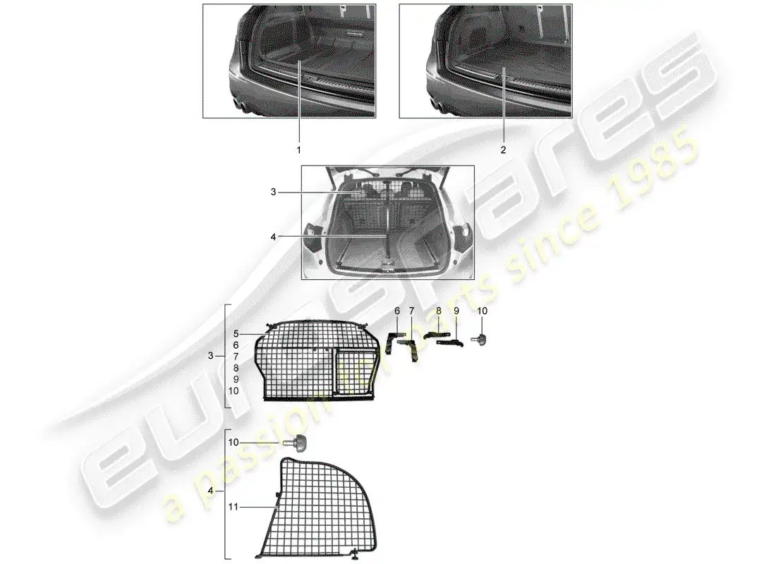 porsche 2019 (tequipment cayenne) revestimiento del maletero diagrama de piezas