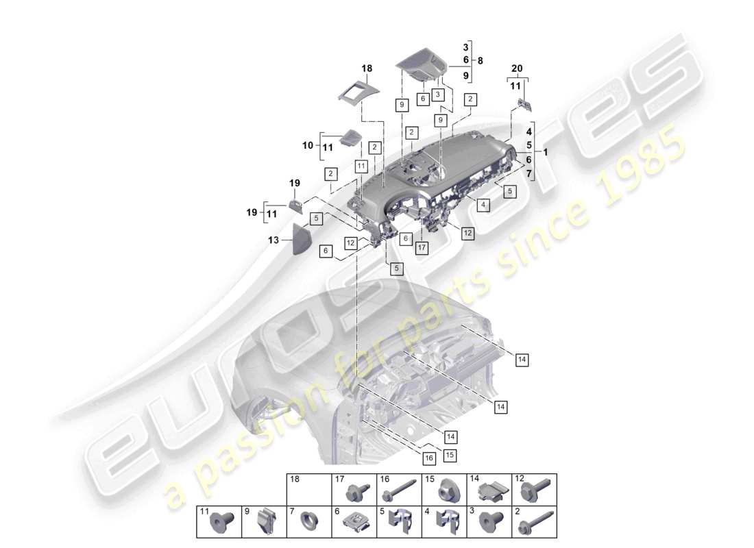 porsche 2023 (cayenne e3 pa) diagrama de piezas de accesorios y molduras superiores del panel de instrumentos