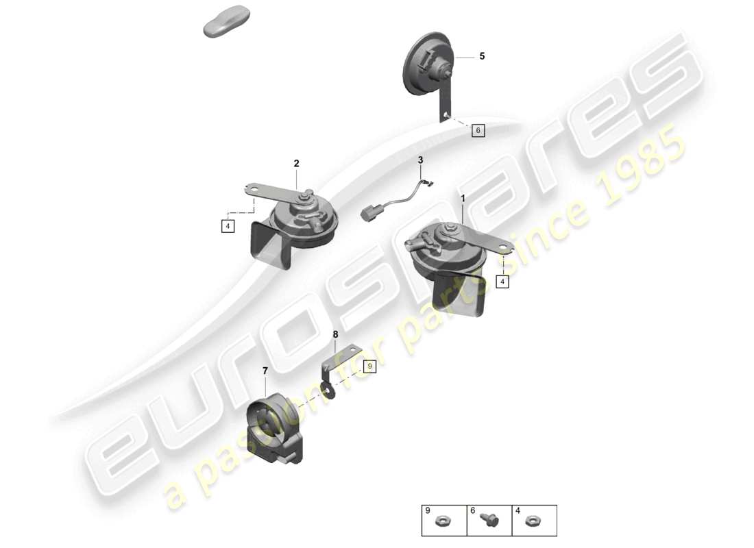 porsche 2021 (718 cayman gt4) diagrama de piezas del sistema de alarma con bocina de señal de fanfarria