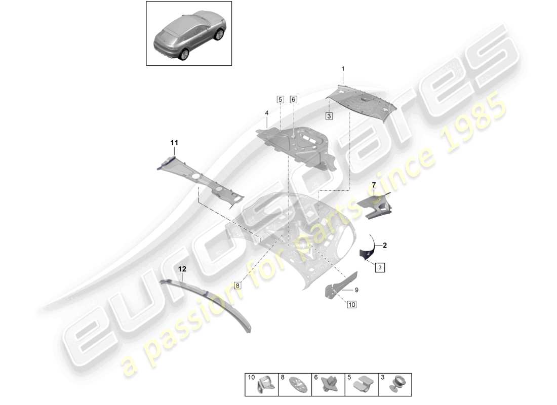 porsche 2021 (macan) amortiguación para el compartimiento del motor diagrama de piezas