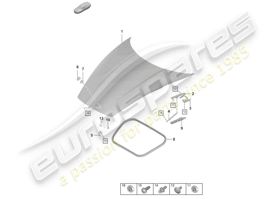 porsche 2022 (992-1) diagrama de piezas del capó