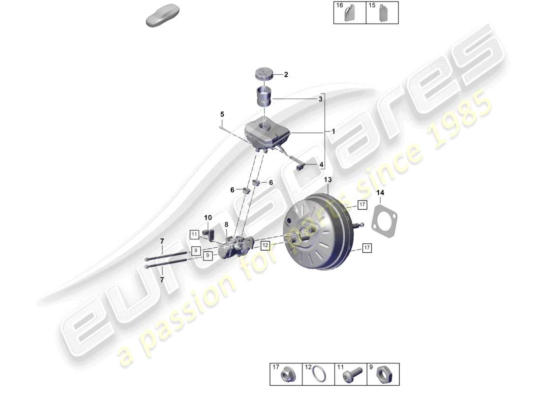 porsche 2023 (cayenne e3 pa) diagrama de piezas del depósito del servofreno con piezas de fijación del cilindro maestro del freno