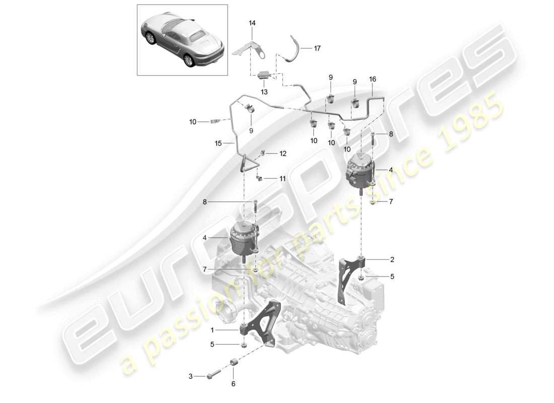 porsche 2021 (718 boxster) diagrama de piezas de fijación de la caja de cambios