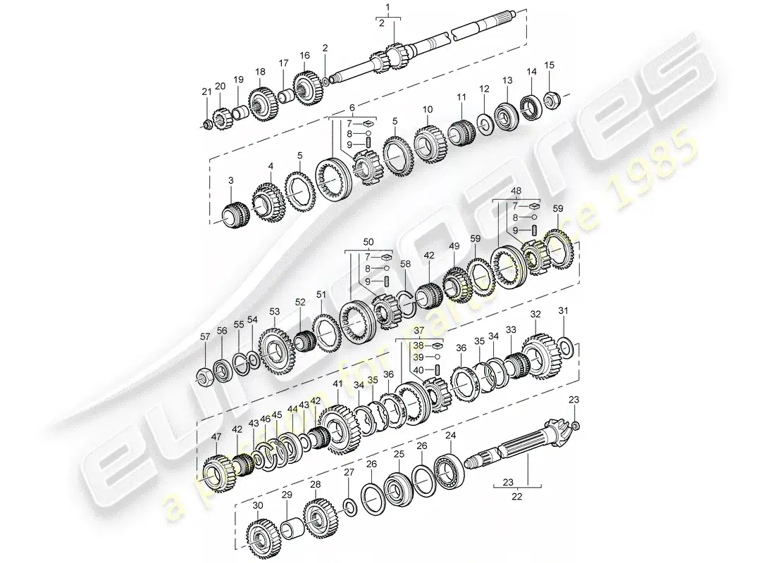 porsche 2008 (997-1 gt3) engranajes y ejes diagrama de piezas