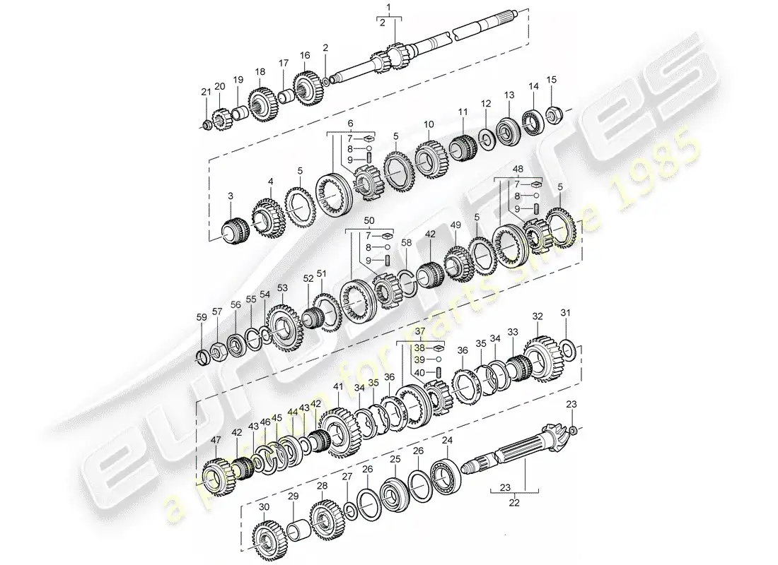 porsche 2005 (996 turbo / gt2) engranajes y ejes diagrama de piezas