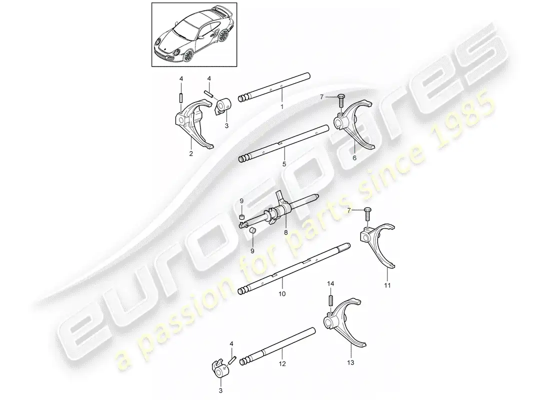 porsche 2013 (997-2 turbo / gt2 rs) eje selector diagrama de piezas