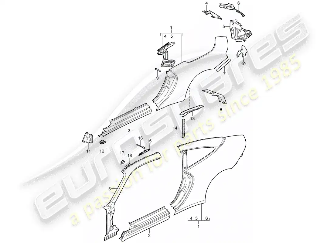 porsche 2008 (997-1) panel lateral diagrama de piezas
