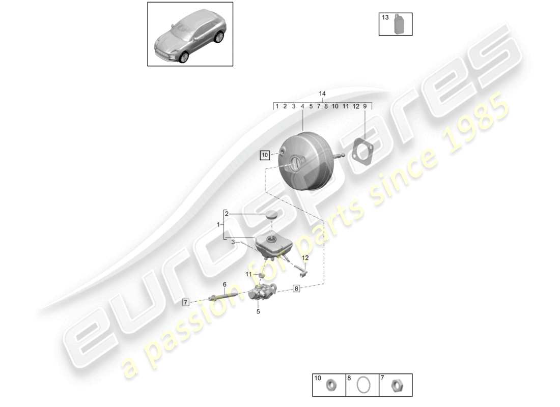 porsche 2021 (macan) diagrama de piezas del servofreno y del cilindro maestro del freno