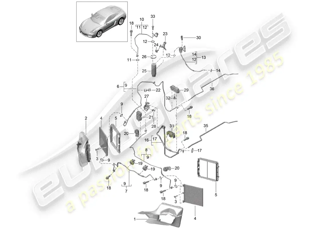 porsche 2016 (981 cayman) circuito refrigerante diagrama de piezas