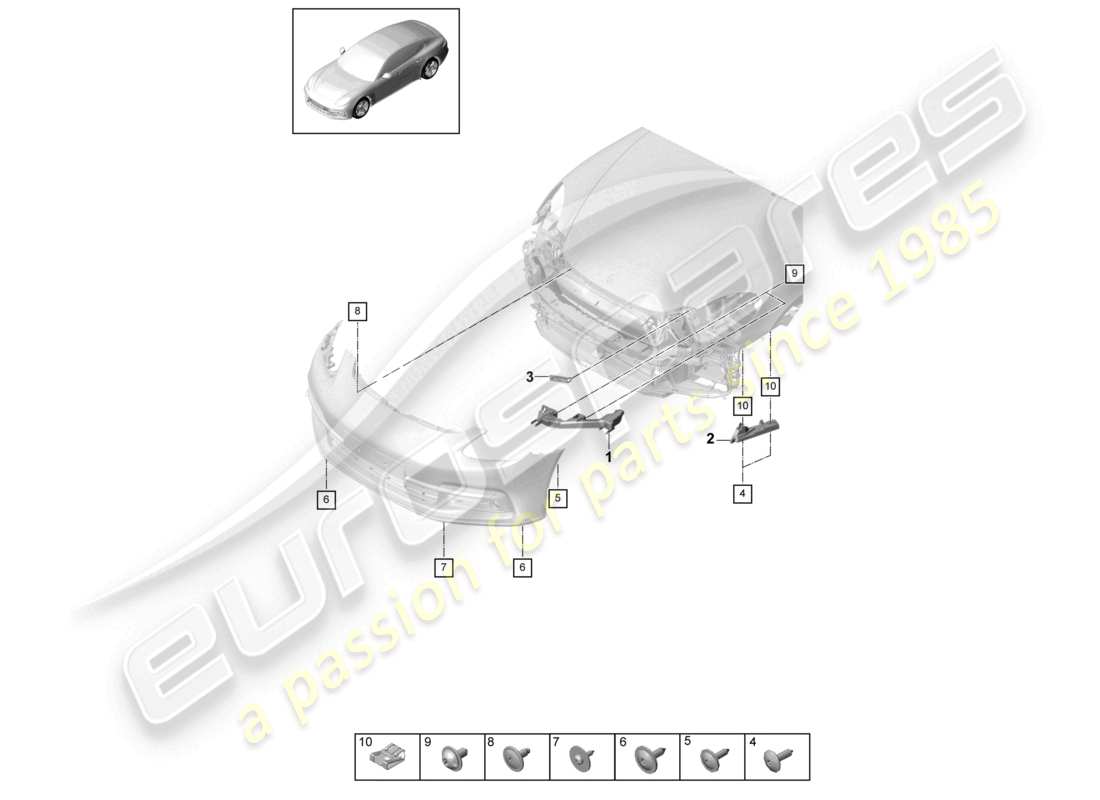 porsche 2021 (panamera 971-1) fijaciones parachoques delantero diagrama de piezas