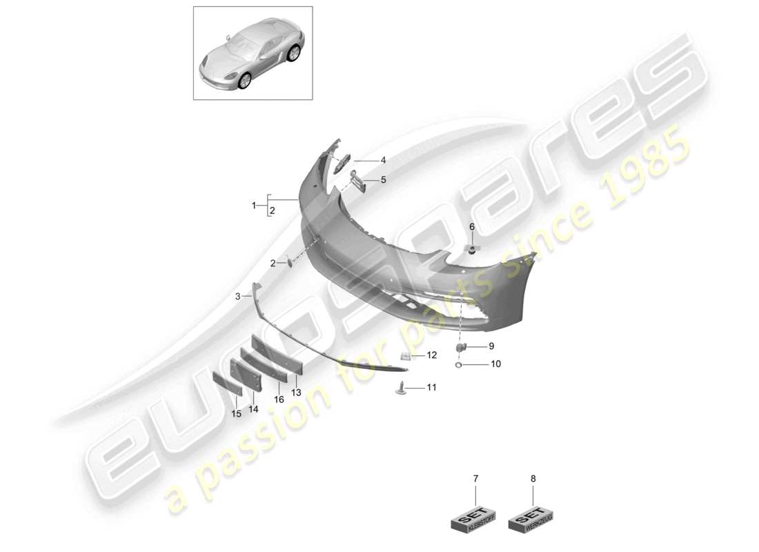 porsche 2024 (718 cayman) diagrama de piezas del parachoques delantero del paquete sport design y gts