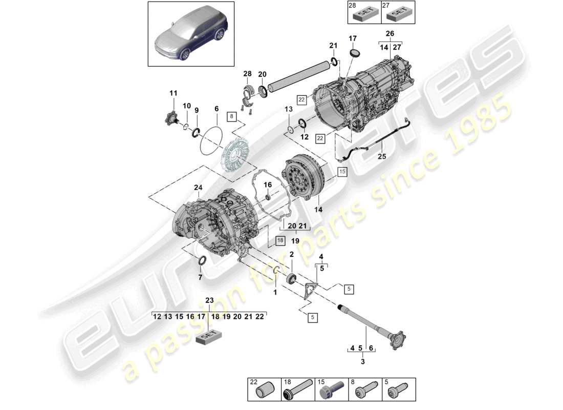 porsche 2022 (cayenne e3 9ya/9yb) 8-speed caja de cambios automática para vehículos con propulsión híbrida diagrama de piezas del convertidor de eje con brida
