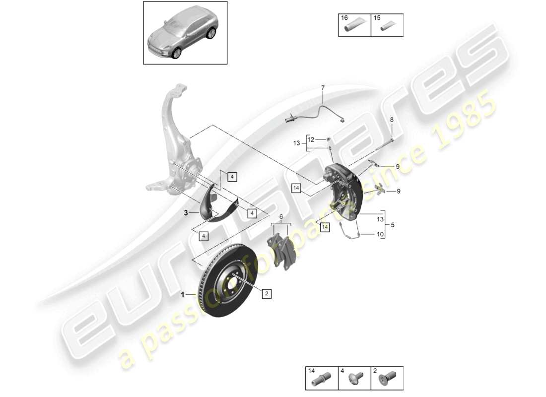 porsche 2021 (macan) freno de disco eje delantero negro diagrama de piezas