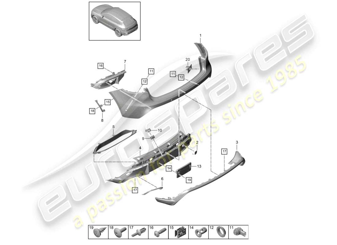 porsche 2021 (macan) diagrama de piezas del paquete gts sport design del parachoques trasero