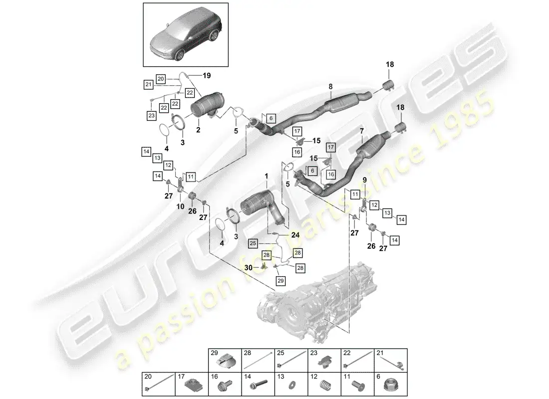 porsche 2018 (cayenne e3 9ya/9yb) sistema de escape diagrama de piezas