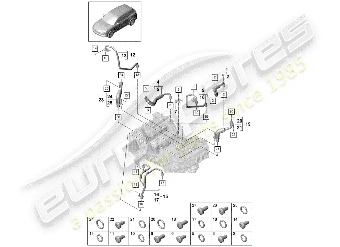 porsche 2019 (cayenne e3 9ya/9yb) refrigeración por agua para diagrama de piezas
