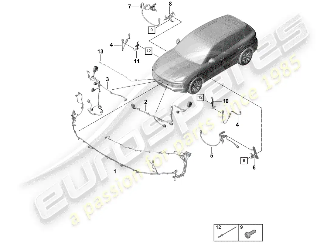 porsche 2019 (cayenne e3 9ya/9yb) cableando arneses diagrama de piezas