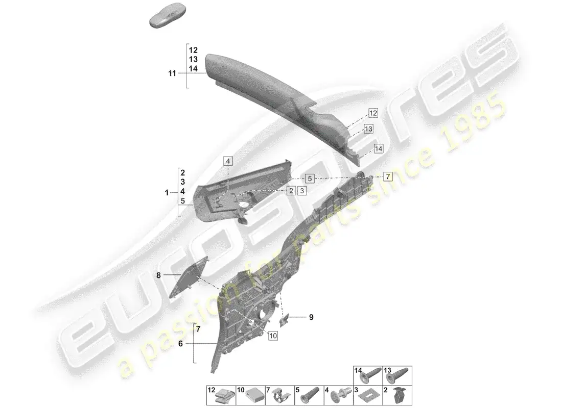 porsche 2019 (992-1) revestimiento, pilar c diagrama de piezas