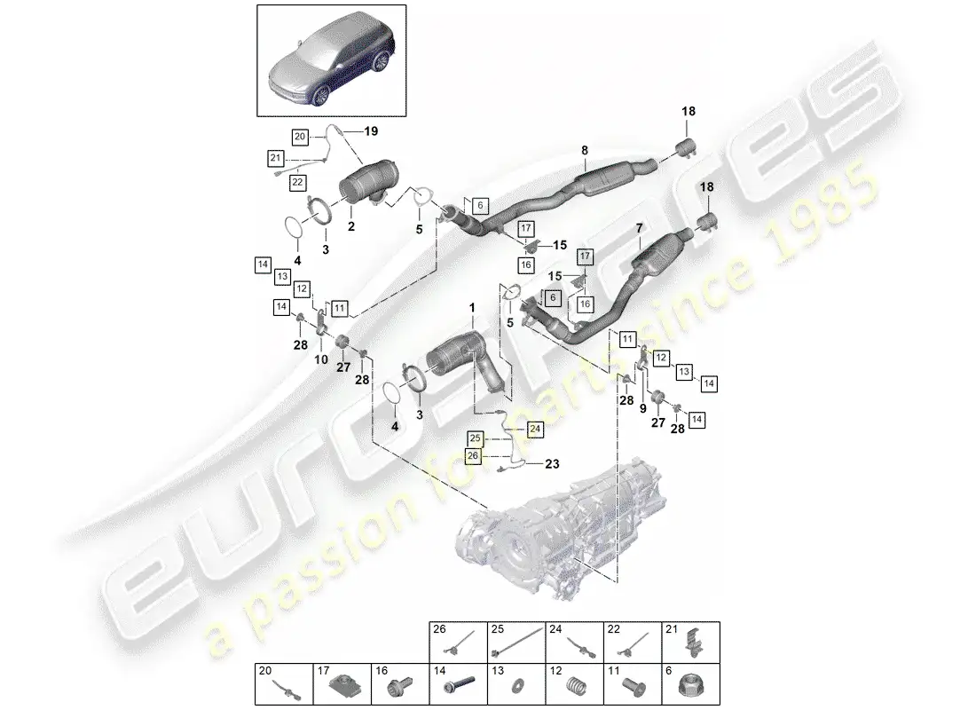 porsche 2018 (cayenne e3 9ya/9yb) sistema de escape diagrama de piezas