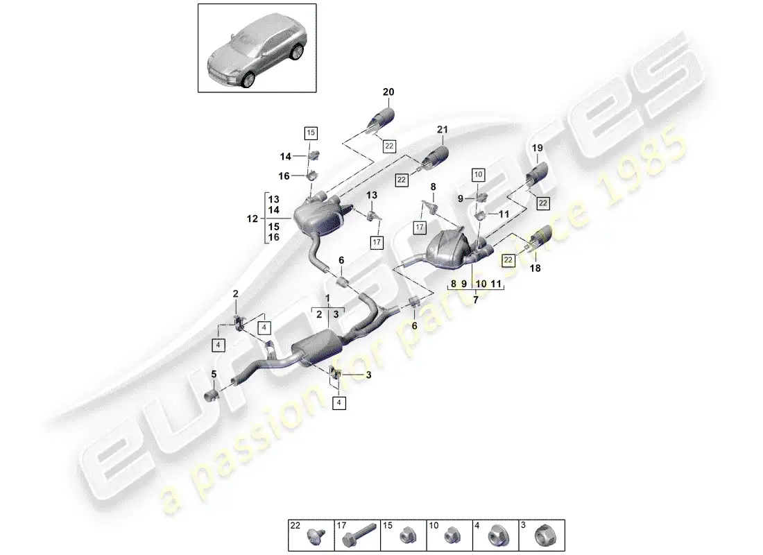 porsche 2019 (macan) sistema de escape diagrama de piezas