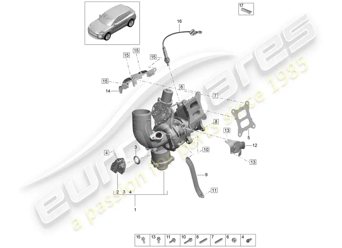porsche 2019 (macan) turbocompresor de gases de escape diagrama de piezas