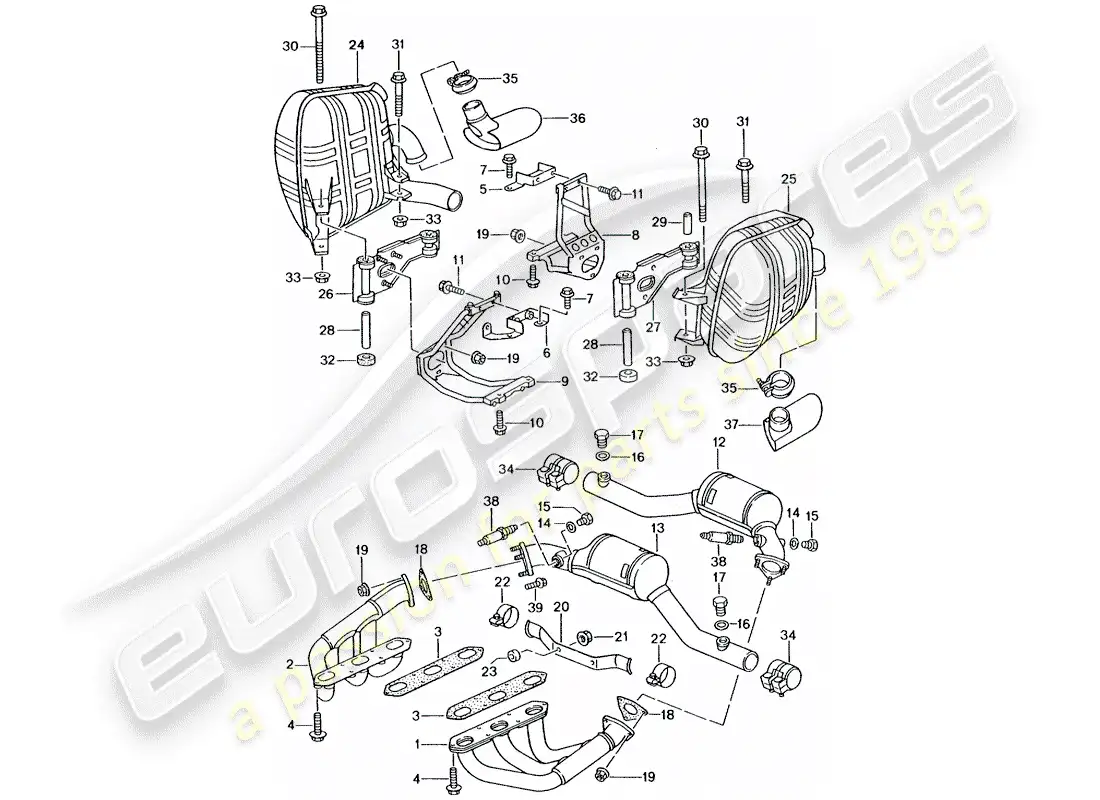 porsche 2004 (996 gt3) sistema de escape diagrama de piezas